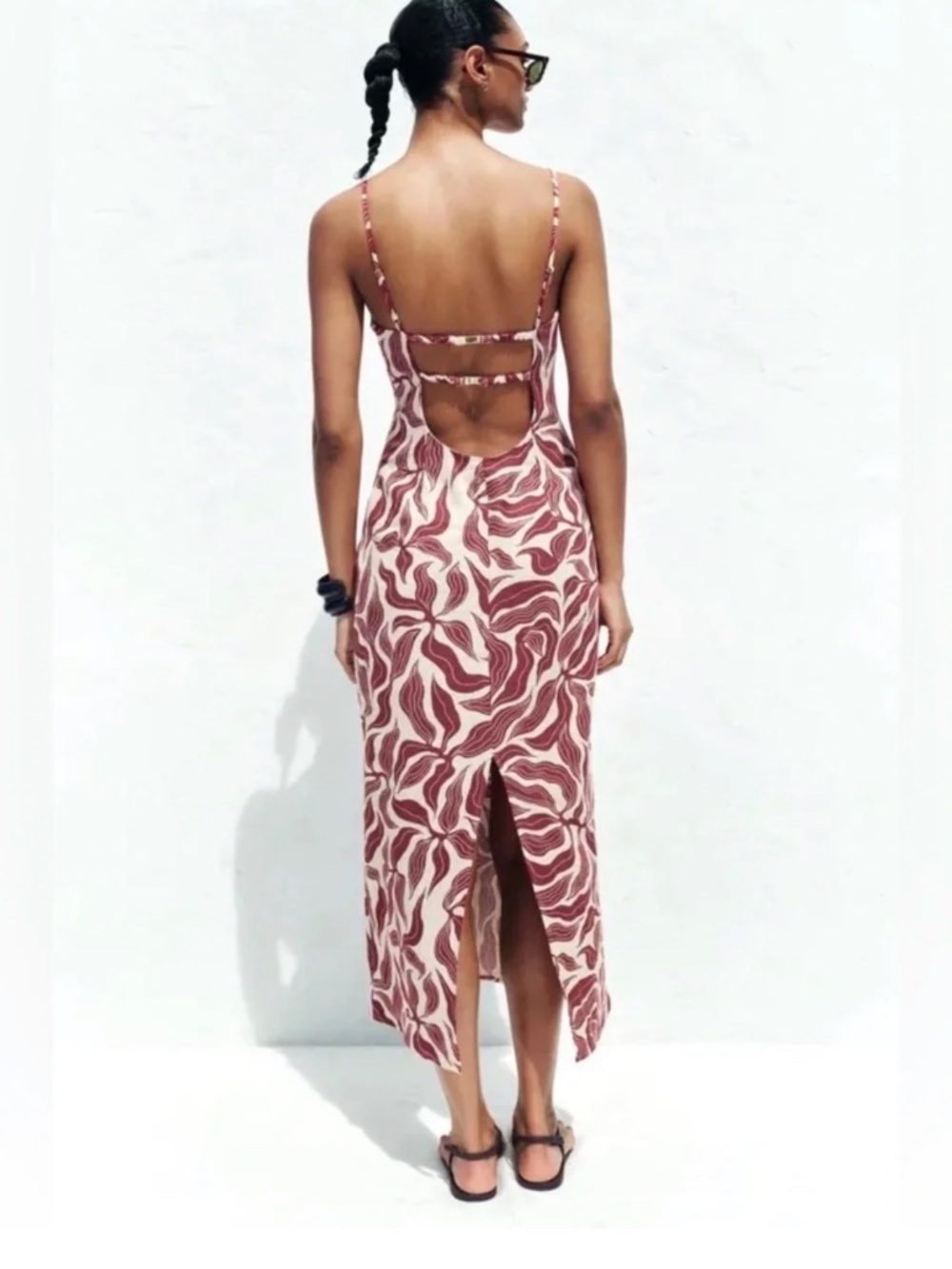 Zara PRINTED RUSTIC LINEN MIDI DRESS - Picture 4 of 5